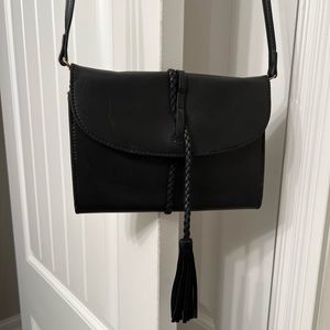 Anthro | Black Leather Tassel Cross Body Purse